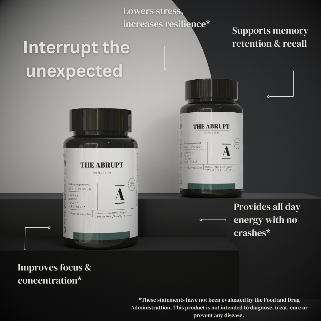 Lowers stress, increases resilience. Supports memory retention ad recall, Provides all day energy with no crashes. Improves focus and cocentration. Interrupt the Unexpected with Brain Power.